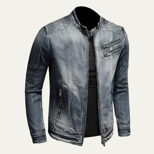 Ripped Slim Fit Mens Blue Biker Jacket - OutfitLondon