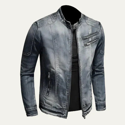 Ripped Slim Fit Mens Blue Biker Jacket - OutfitLondon