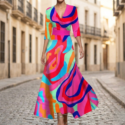 Long Sleeve Print V Neck Women's Dress