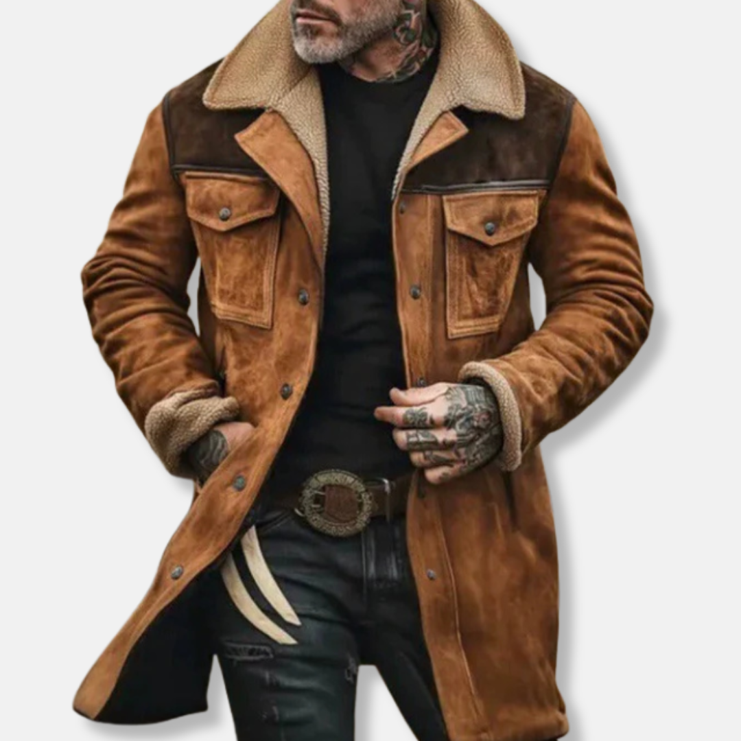 Relaxed Fit Suede Trench Coat with Faux Fur Collar