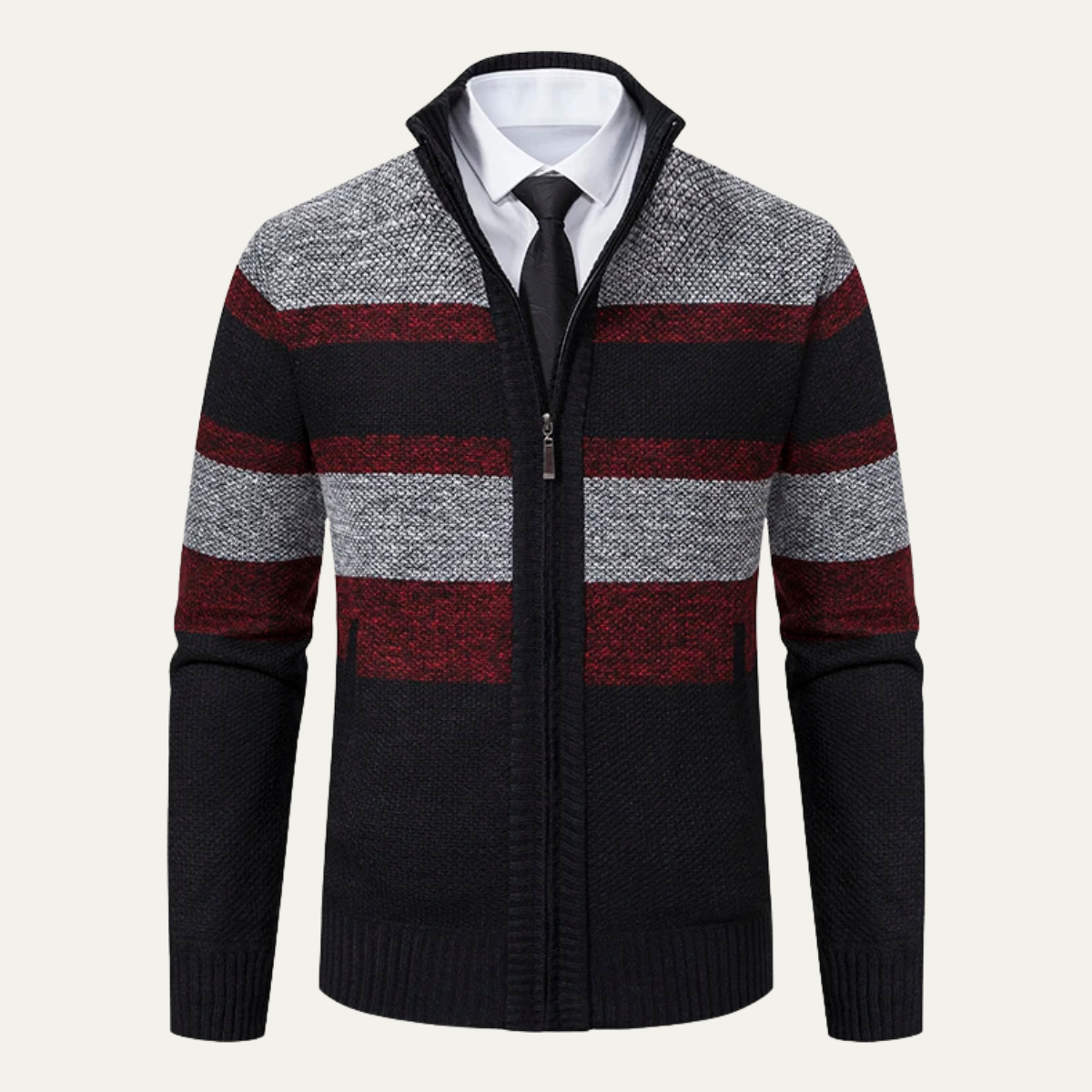 Warm Men's Striped Zip Up Cardigan Sweater - OutfitLondon