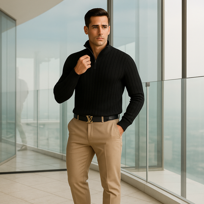 Textured Crew Neck Half Zip Sweater for Men