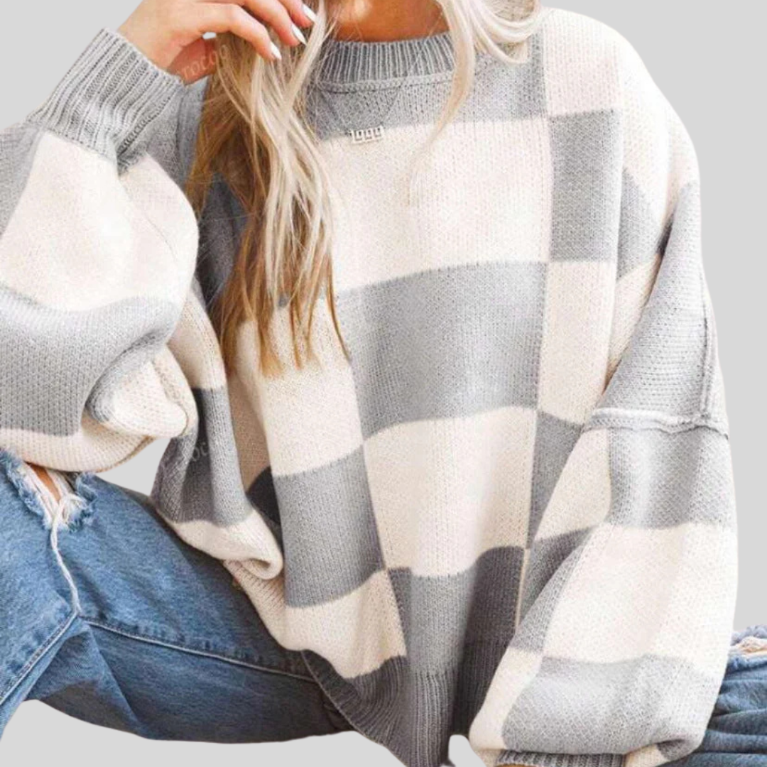 Comfy Plaid Crew Neck Long Sleeve Sweater