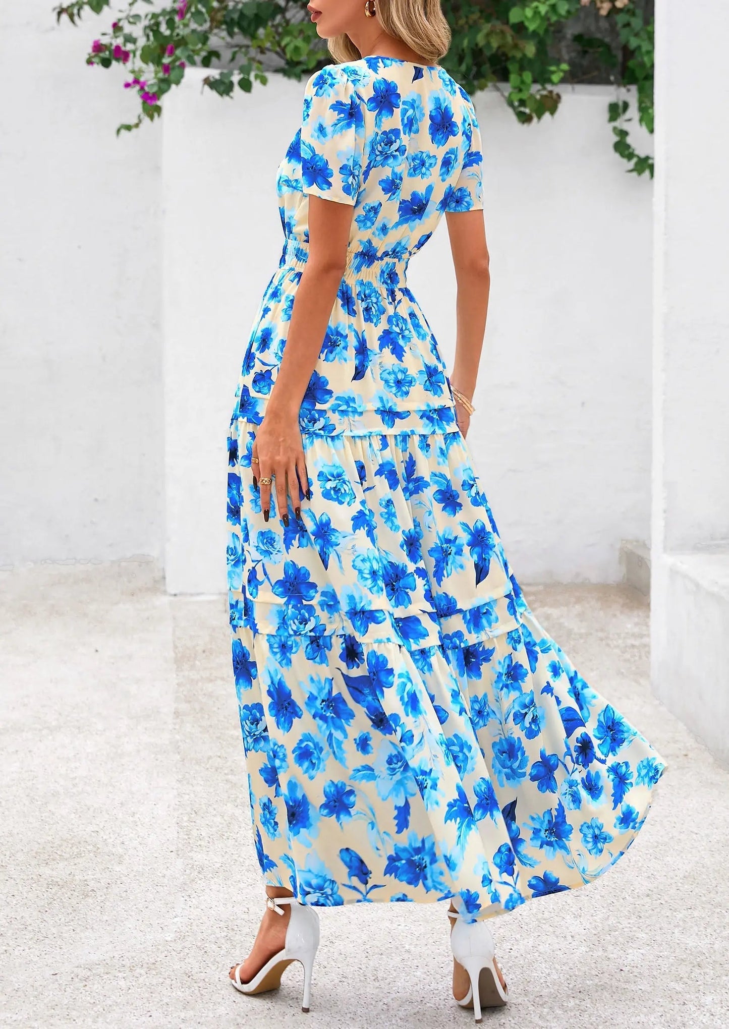 Casual Floral V Neck Flowy Beach Maxi Dress