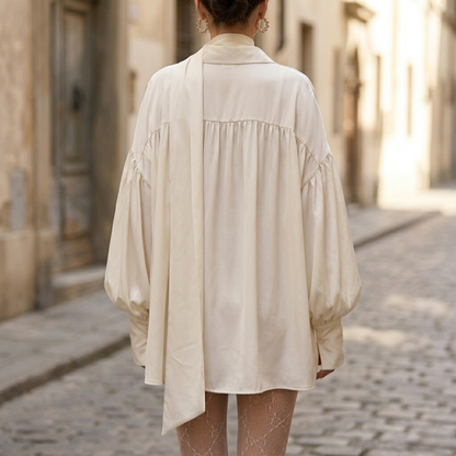 Luxurious Soft Satin Blouse with Long Sleeves and Tie Neck