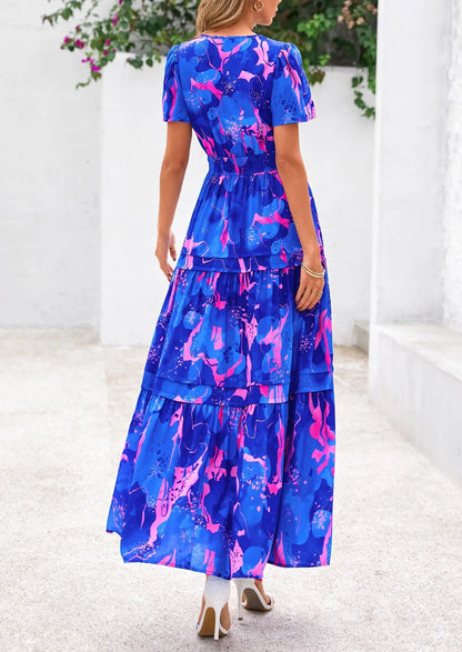 Casual Floral V Neck Flowy Beach Maxi Dress