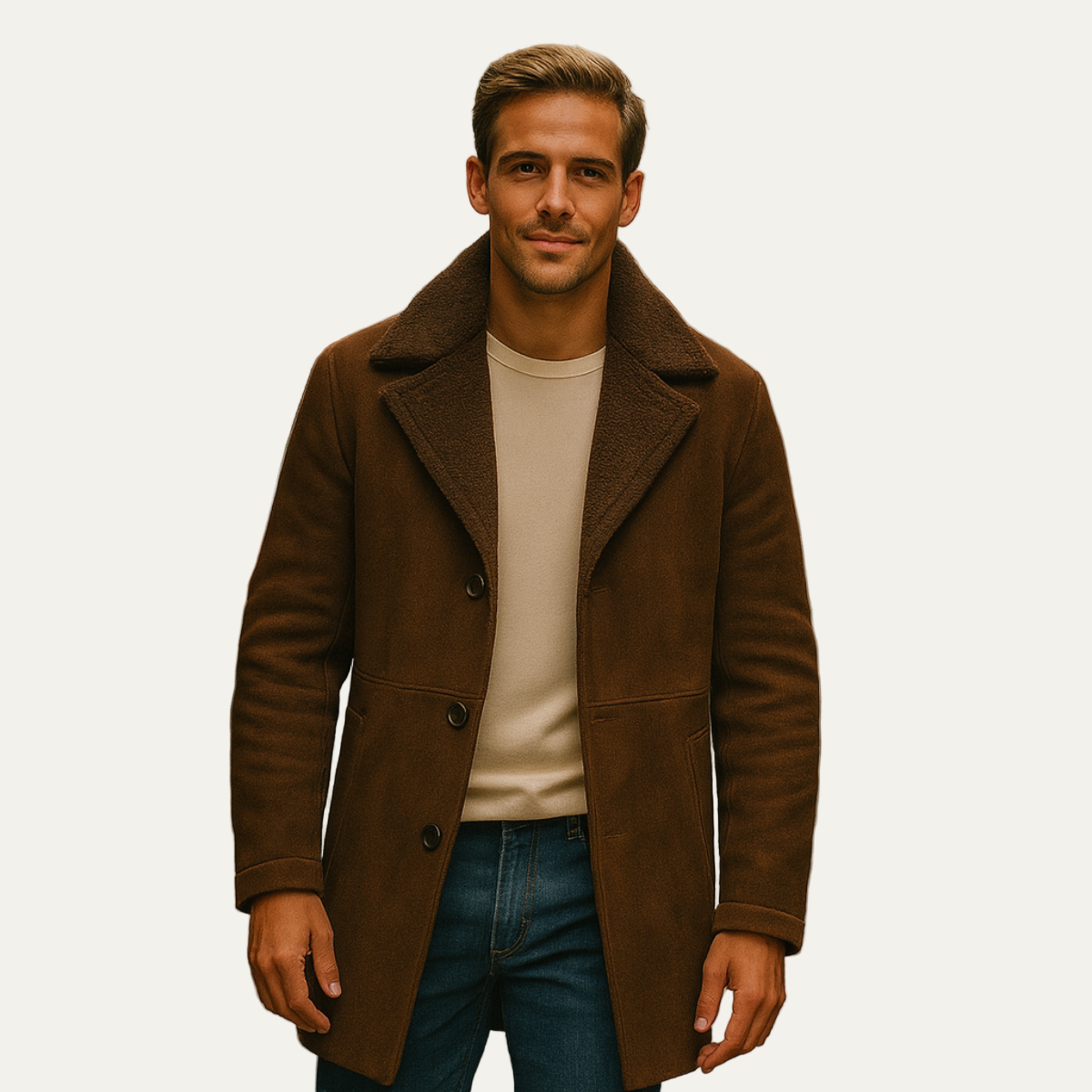 Men's Faux Suede Overcoat with Warm Shearling Inside