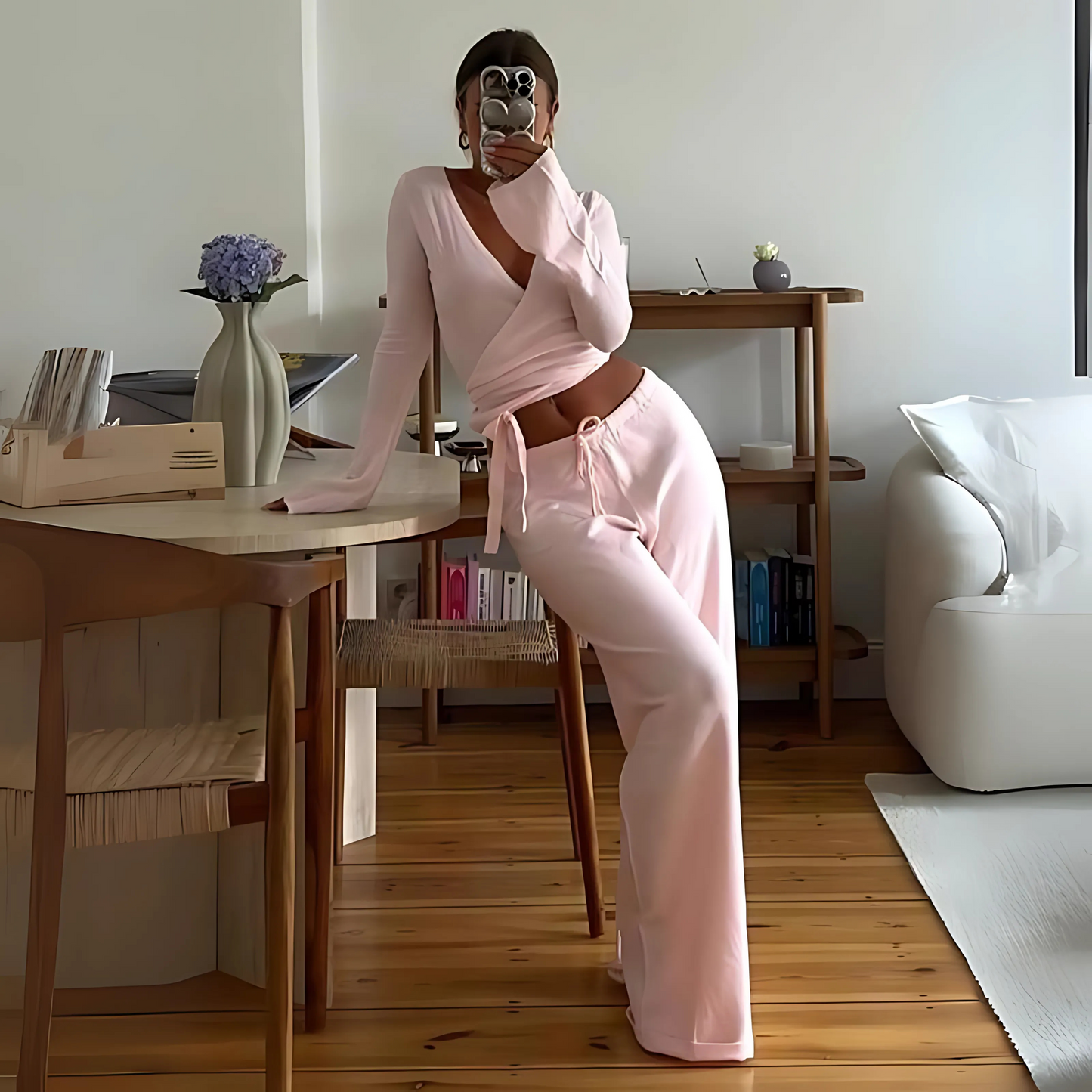 Elegant V Neck Long Sleeve Pantsuit Set - OutfitLondon