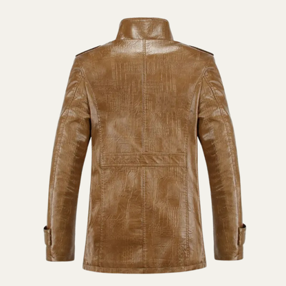 Men's Thermal Fleece Lined Leather Coat with High Collar
