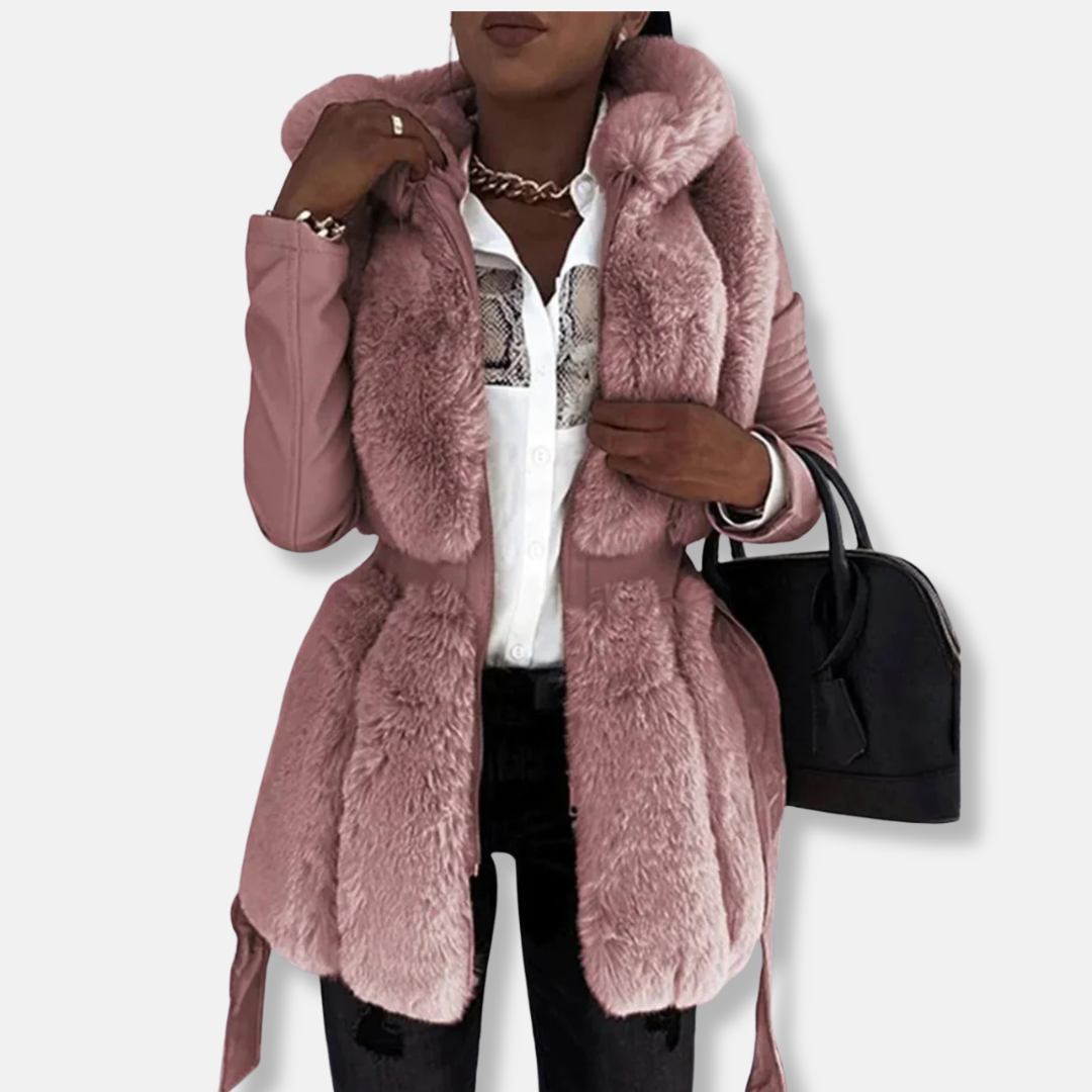 Ladies Classic Fur Trim Coat with Belted Waist