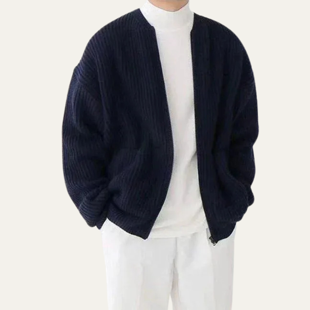 Thick Textured Crew Neck Cardigan Sweater