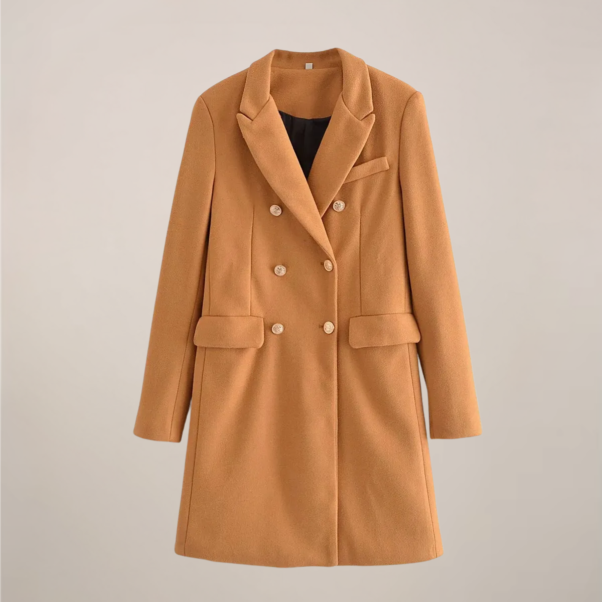 Classic Tan Double Breasted Coat with Gold Buttons
