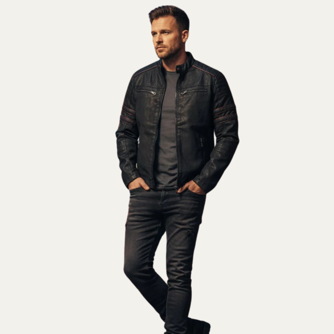 Men's Synthetic Leather Biker Jacket with Padded Details