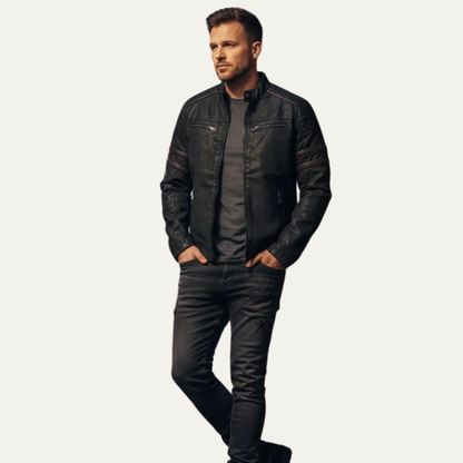 Men's Synthetic Leather Biker Jacket with Padded Details