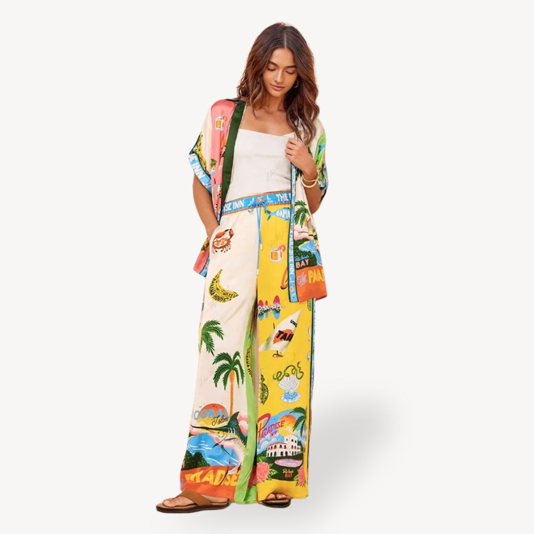 Summer Floral Satin Pants Set