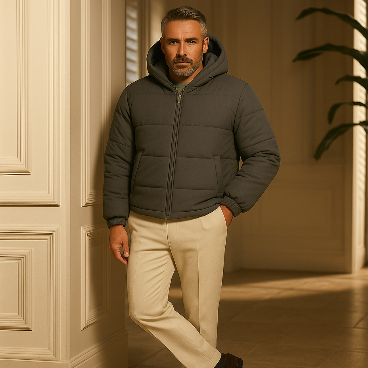 Warm Men's Padded Parka Jacket with Hood