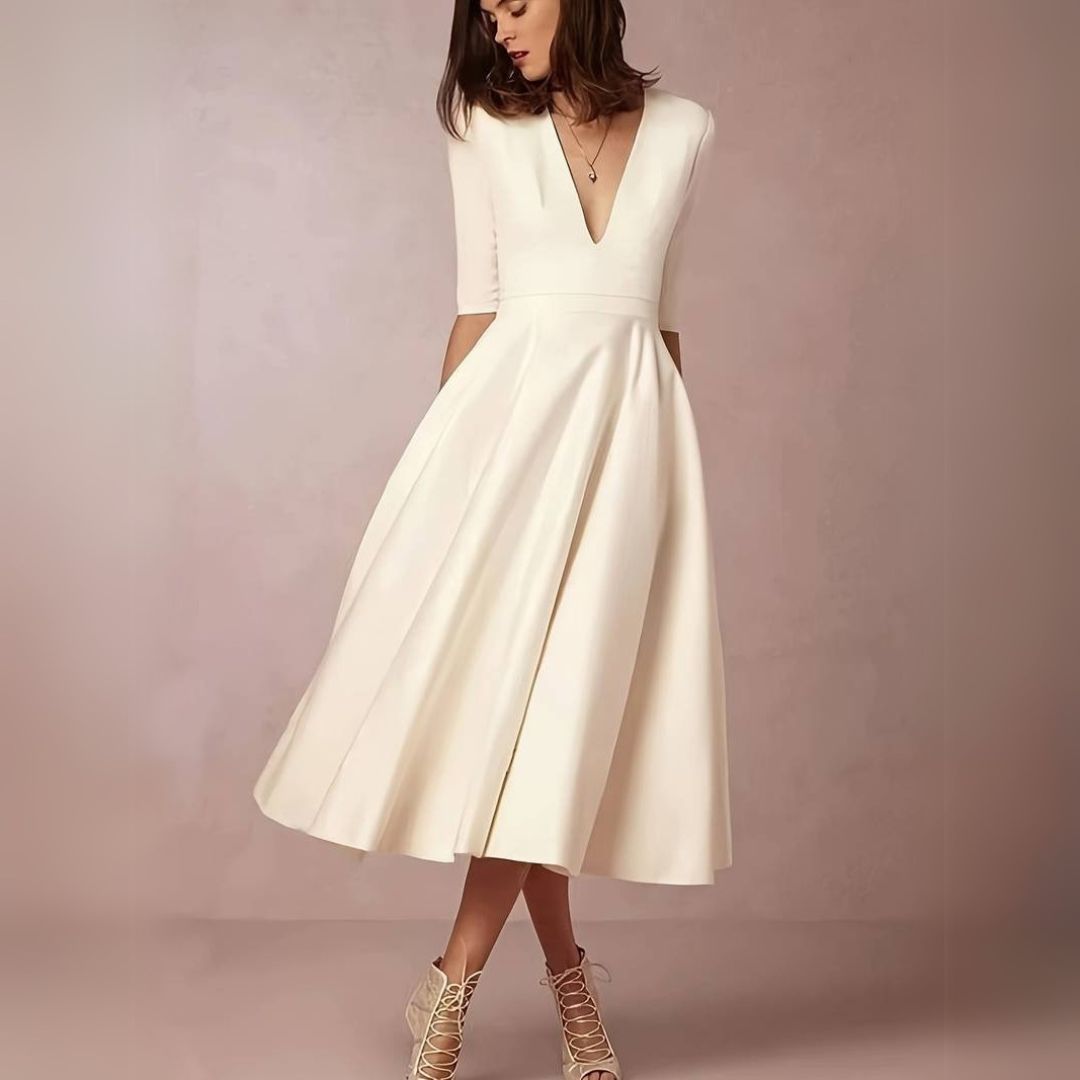 Classic Fit V Neck White Ladies Dress