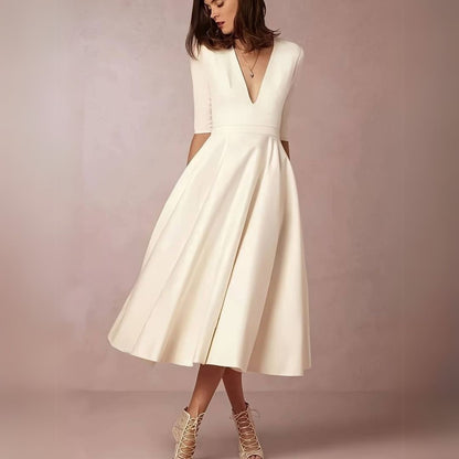 Classic Fit V Neck White Ladies Dress