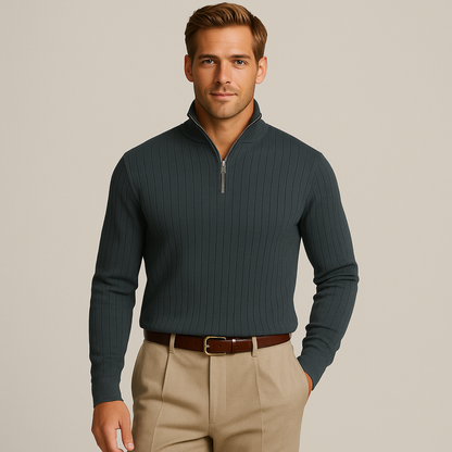Textured Crew Neck Half Zip Sweater for Men