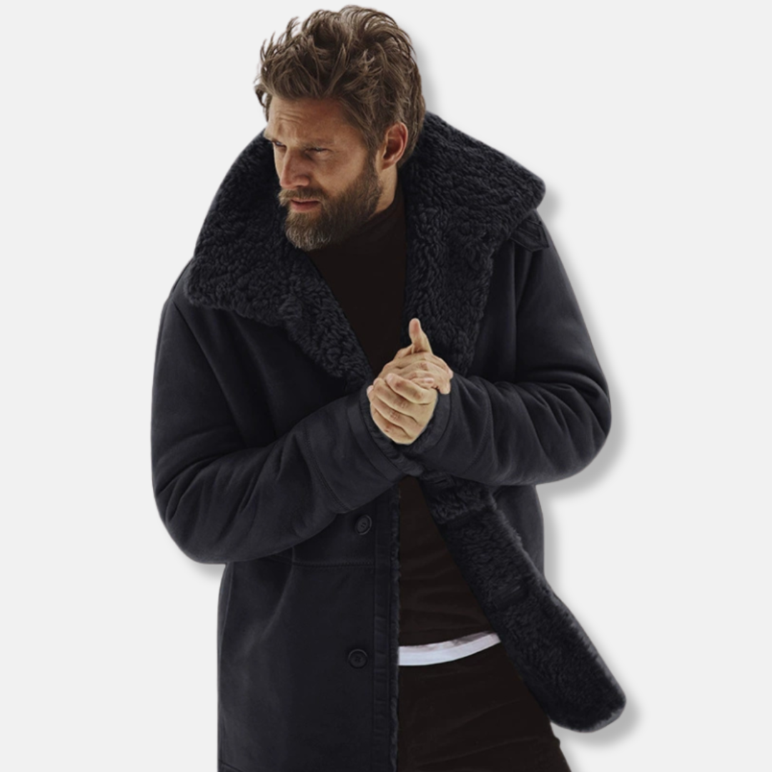 Casual Mens Coat with Shearling Collar and Buttons