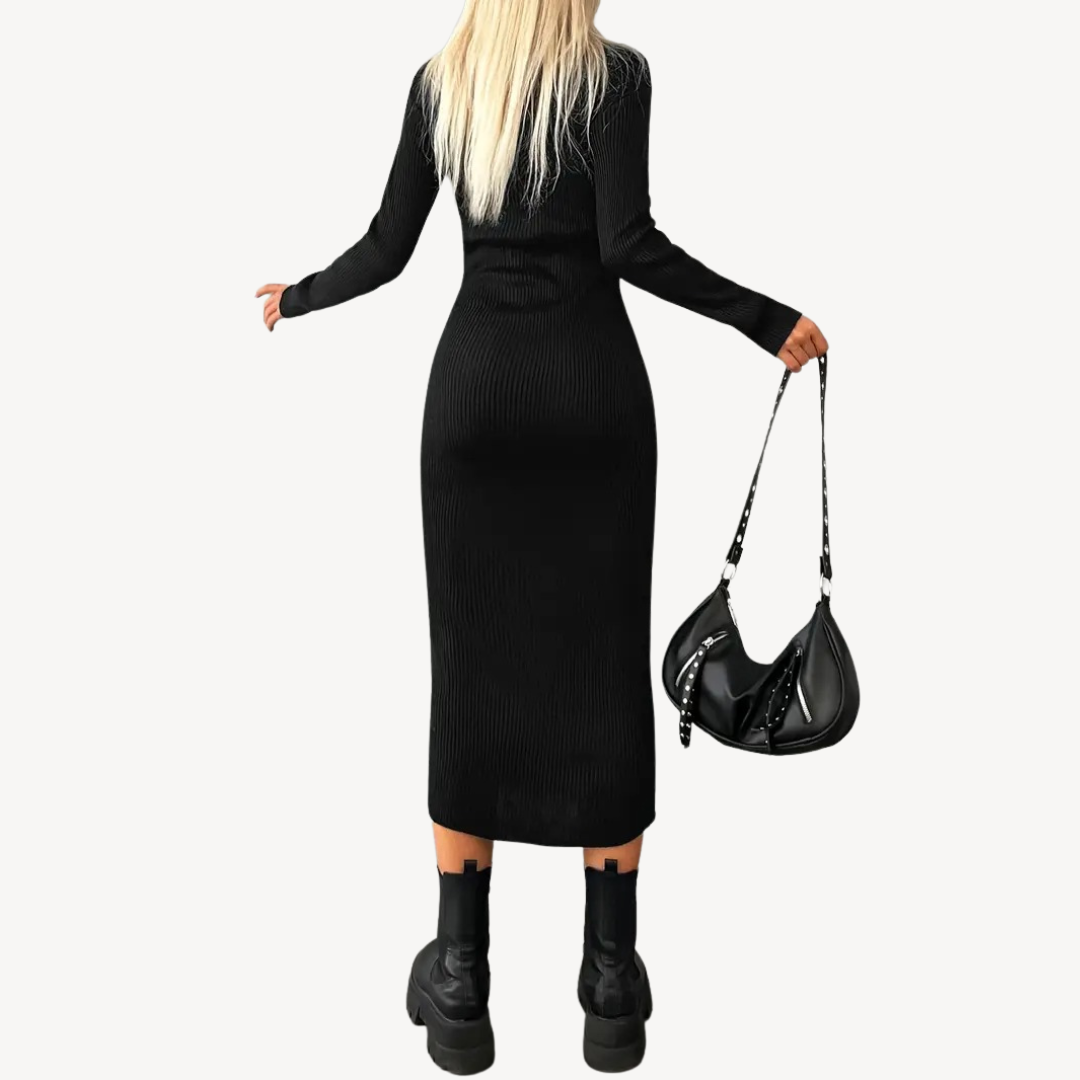Women's Dark Textured Crew Neck Knit Dress