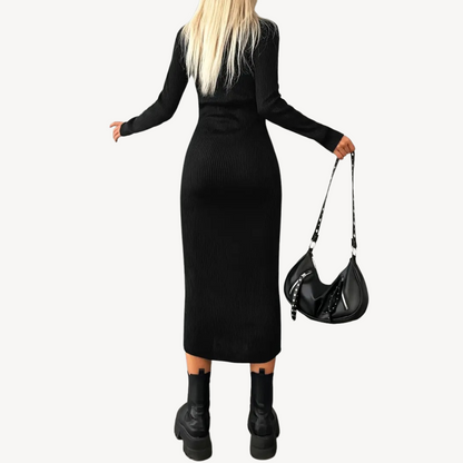 Women's Dark Textured Crew Neck Knit Dress