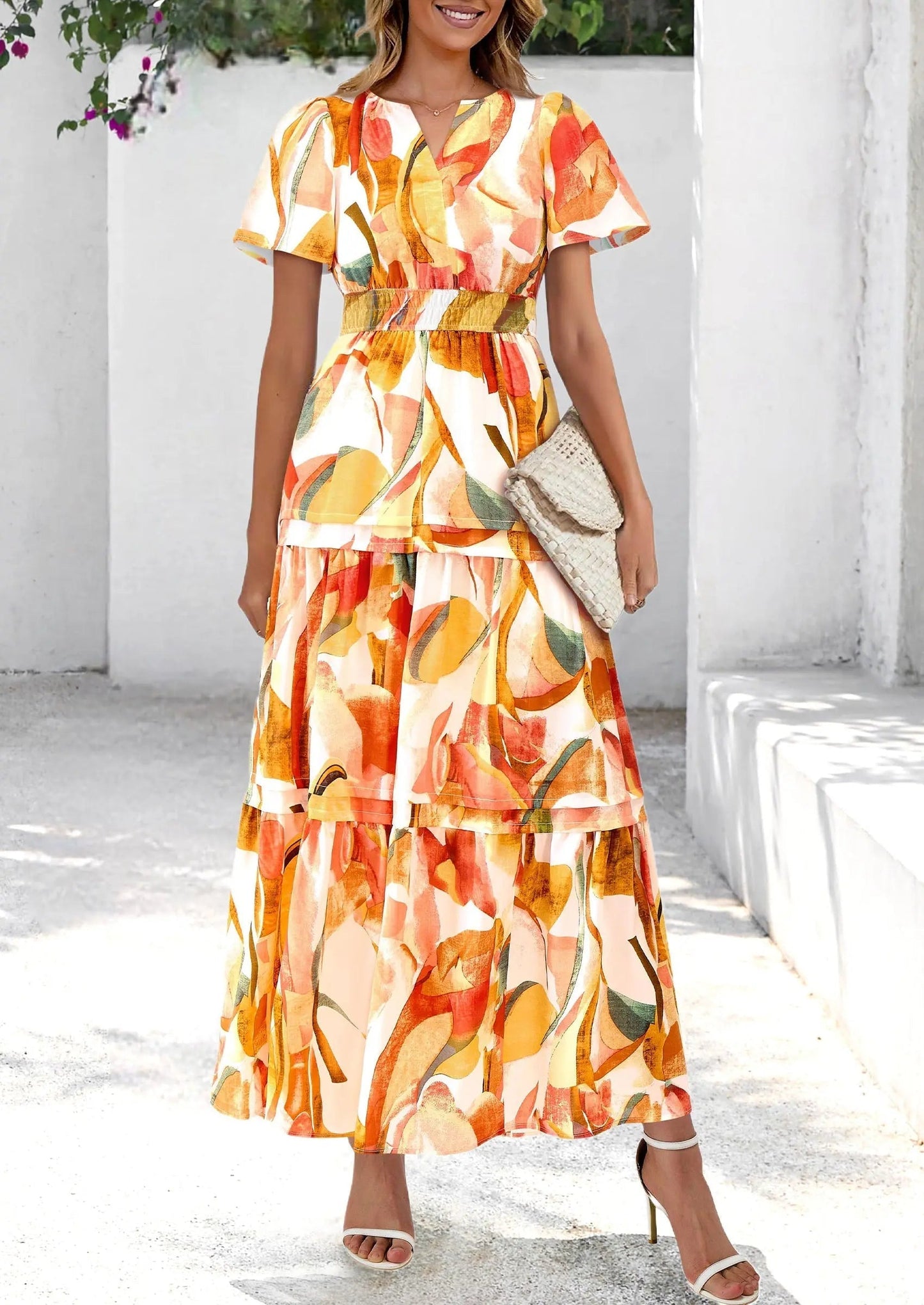 Casual Floral V Neck Flowy Beach Maxi Dress
