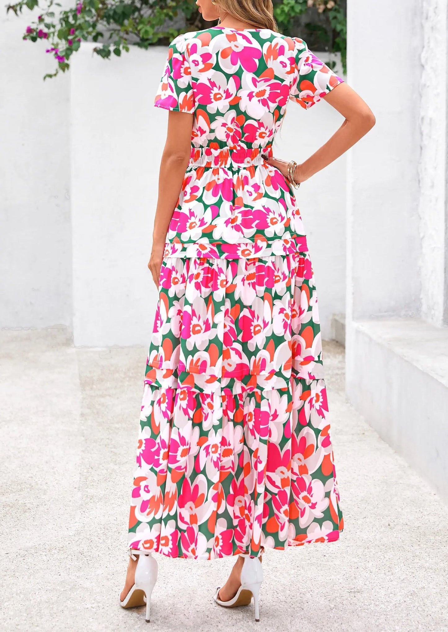 Casual Floral V Neck Flowy Beach Maxi Dress