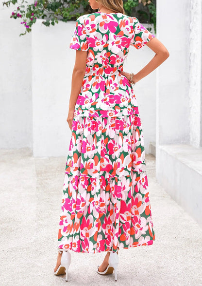 Casual Floral V Neck Flowy Beach Maxi Dress
