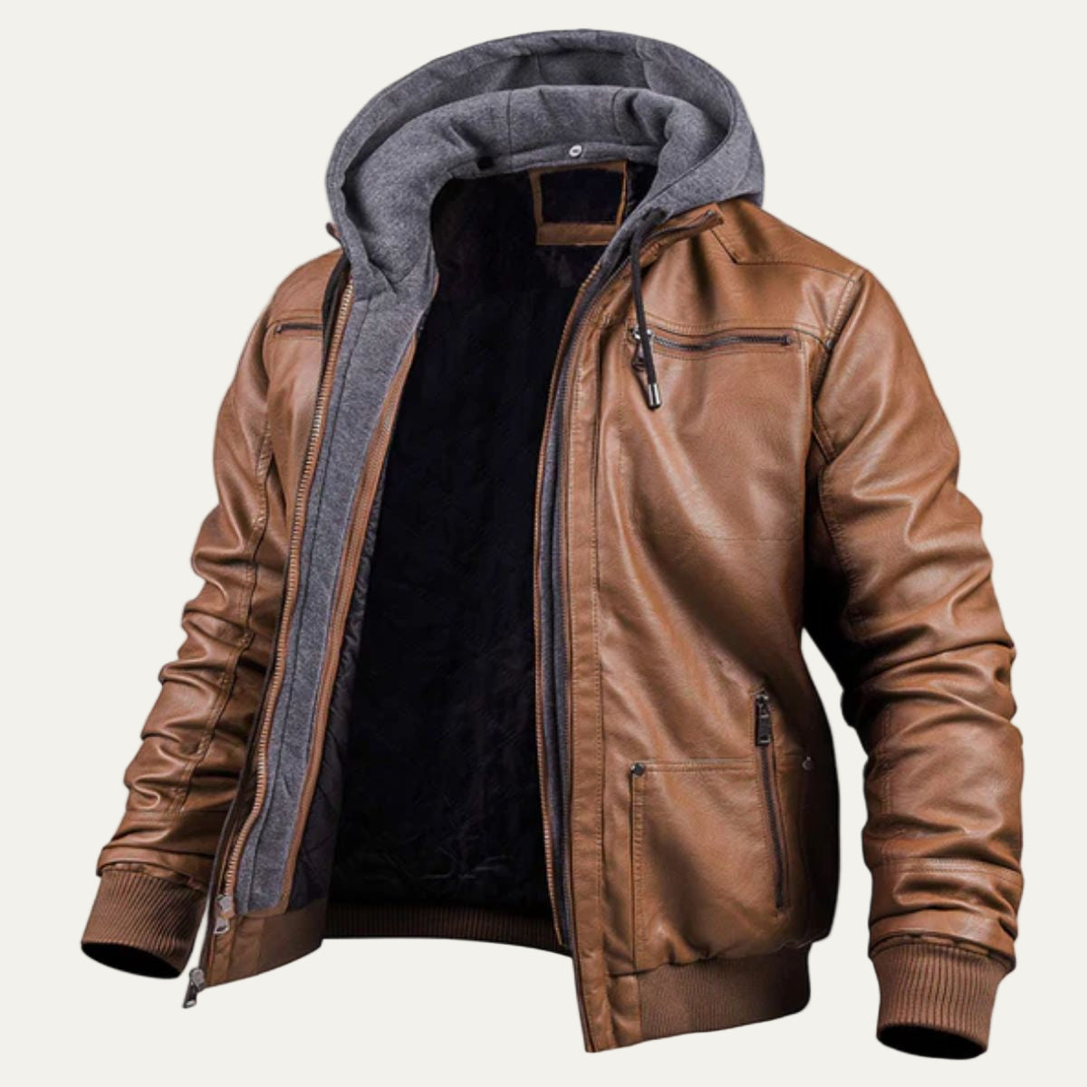 Men's Quilted Synthetic Leather Bomber Jacket with Fleece Hood