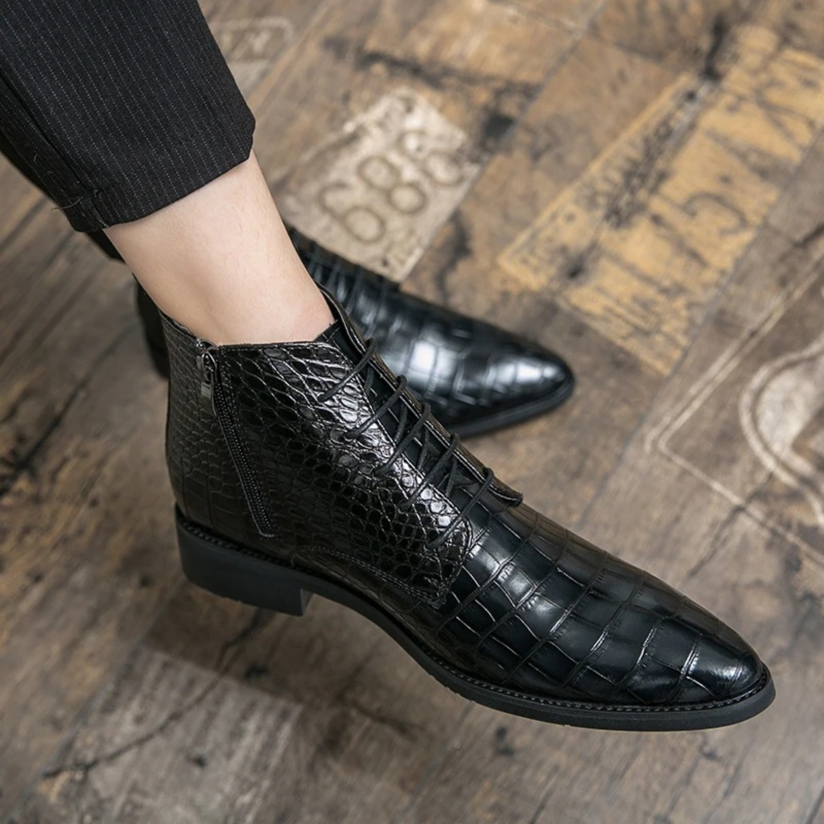 Men's Black Leather Alligator Print Ankle Boots