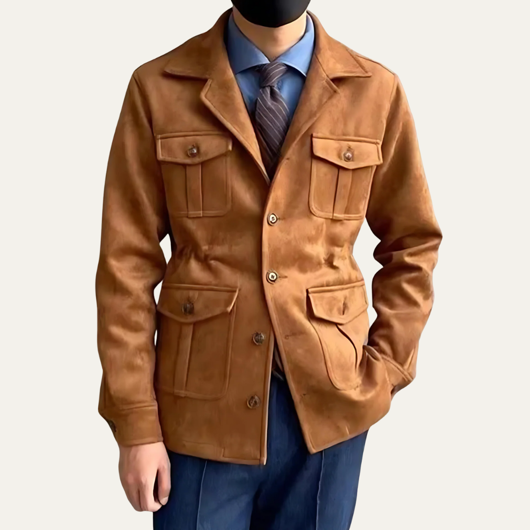 Men's Leather Field Coat with Multiple Pockets