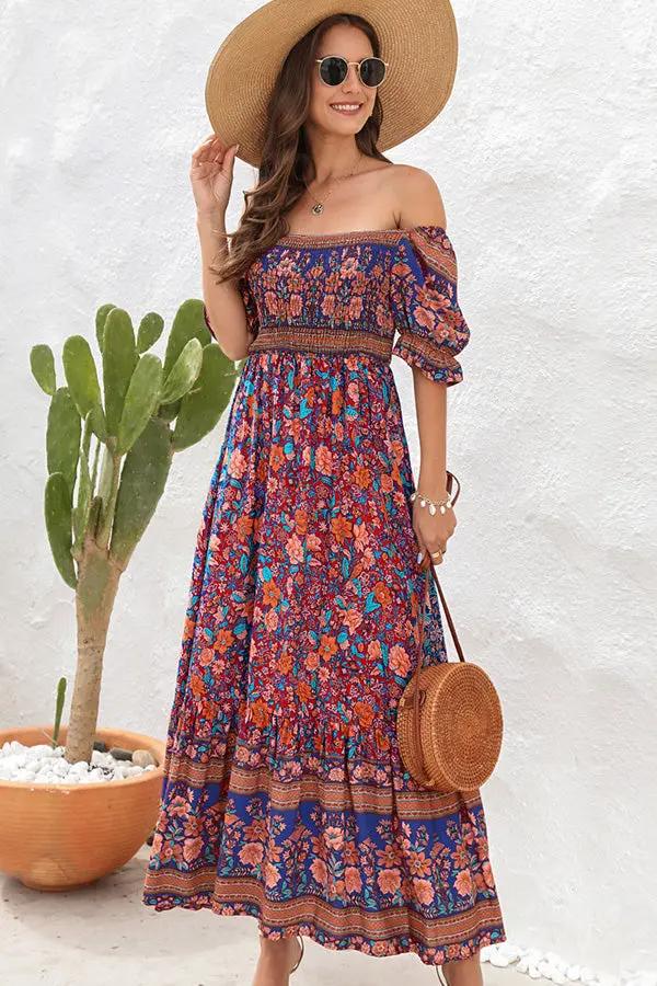 Tropical Floral Ruffled Short Sleeve Maxi Dress
