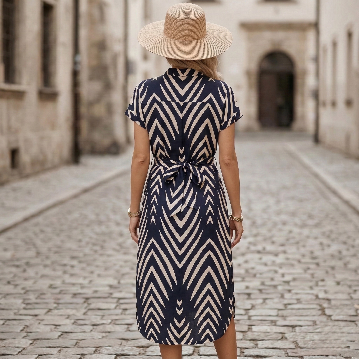 Casual Printed Belted Women's Midi Shirt Dress