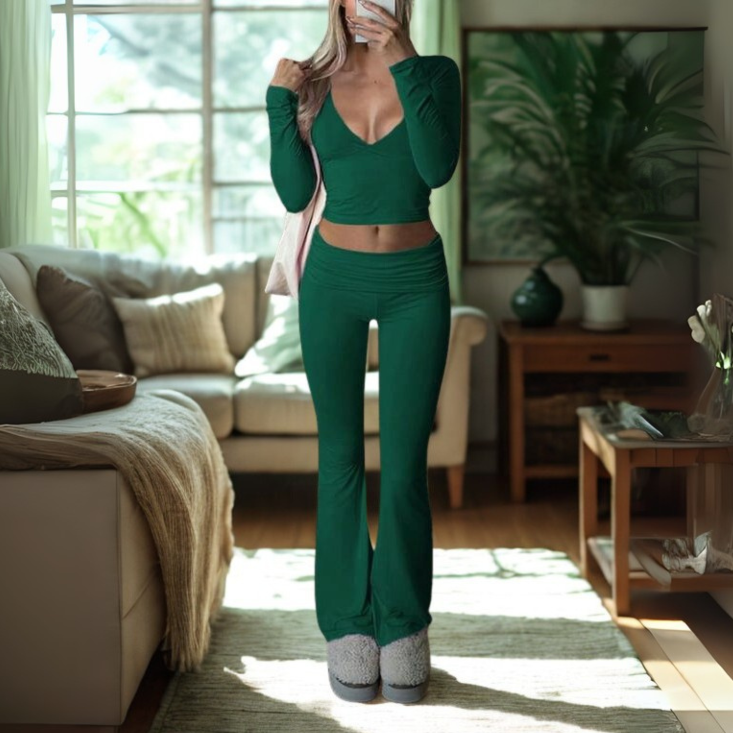 Relaxed Fit V-Neck Crop Top and Leggings Set
