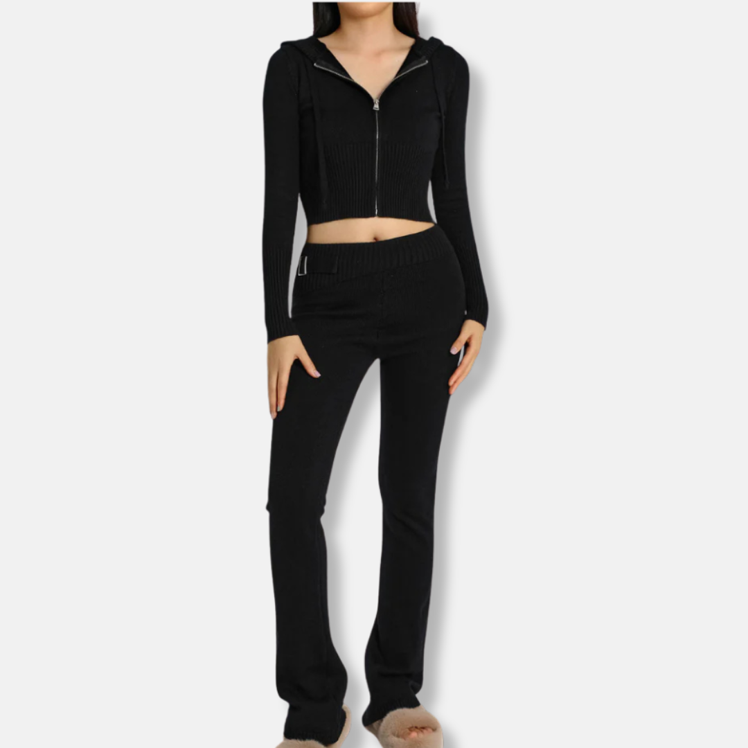 Comfortable Ribbed Hoodie and Bootcut Pant Set