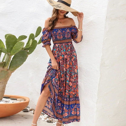 Tropical Floral Ruffled Short Sleeve Maxi Dress
