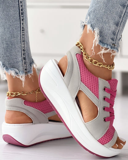 Contrast Paneled Cutout Lace-up Muffin Sandals