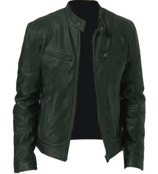 Faux Leather Biker Jacket with Upright Collar