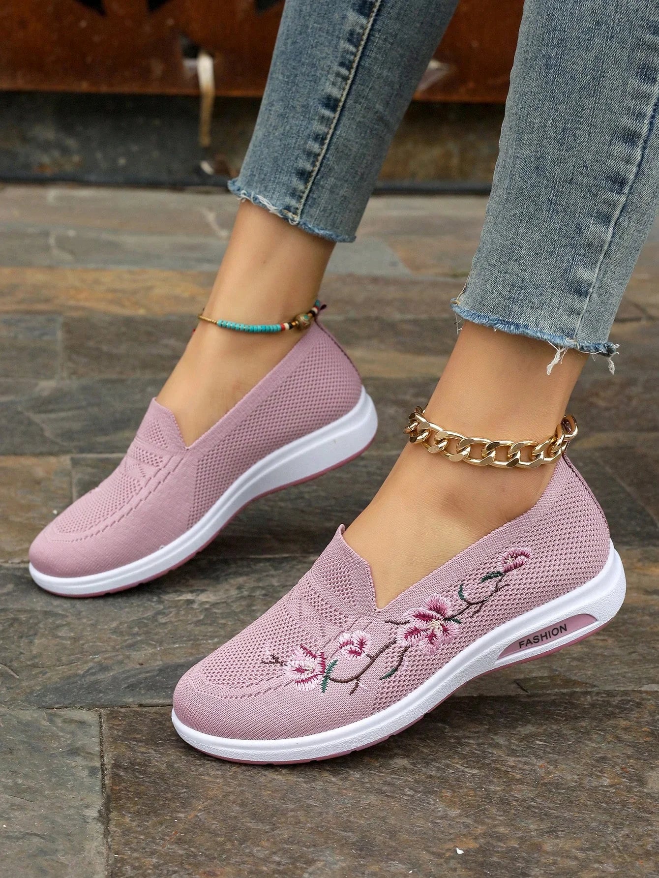 Sporty Sneakers For Women, Floral Embroidered Slip On Rocking Shoes