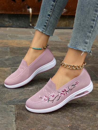 Sporty Sneakers For Women, Floral Embroidered Slip On Rocking Shoes