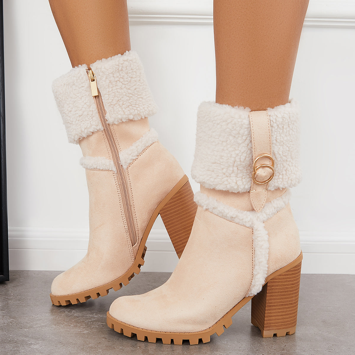 Fur Lined Ankle Snow Boots Side Zipper Chunky Heel Booties