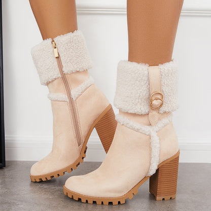 Fur Lined Ankle Snow Boots Side Zipper Chunky Heel Booties