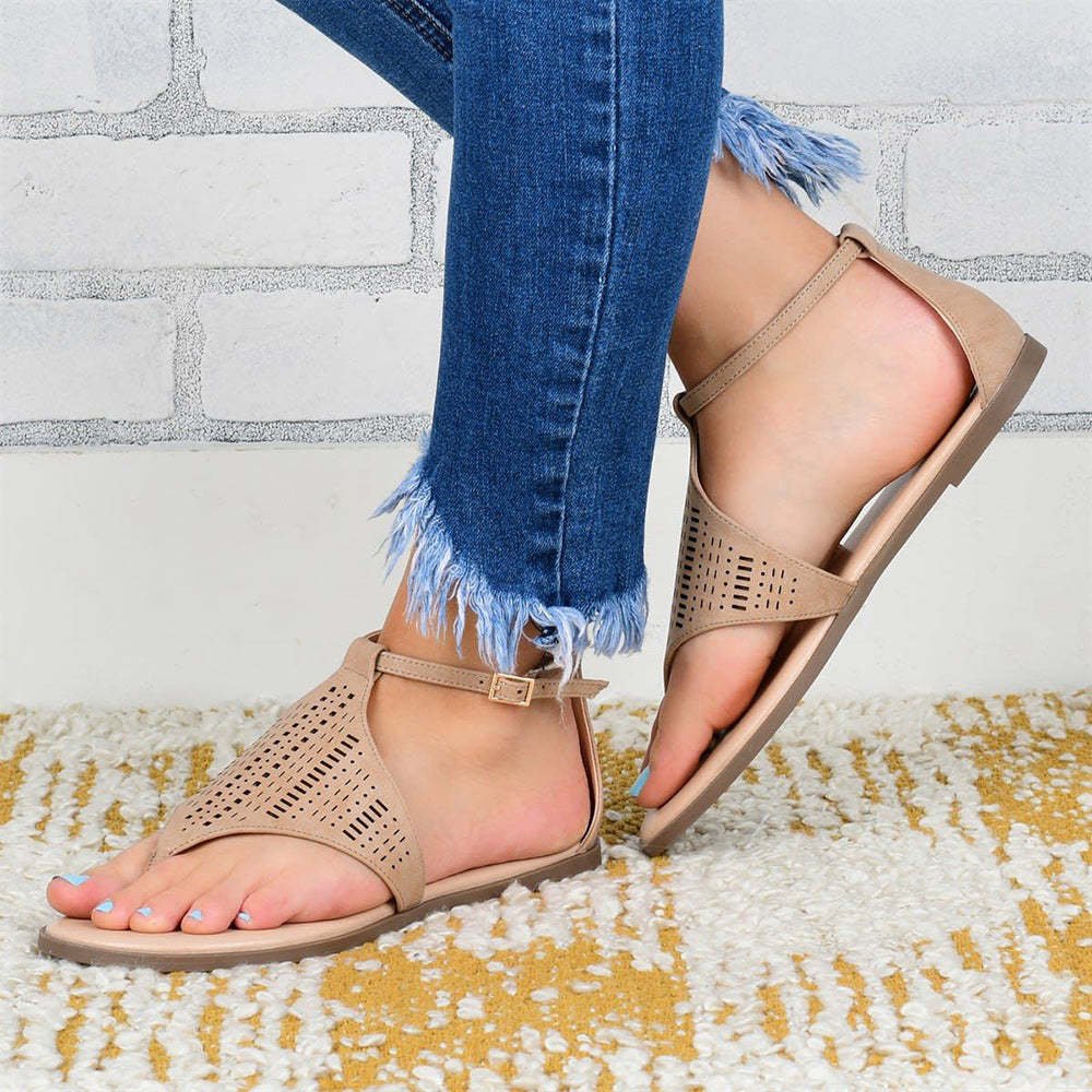 Summer Women Roman Style Hollow Clip Toe Thong Flat Sandals Flip Flops