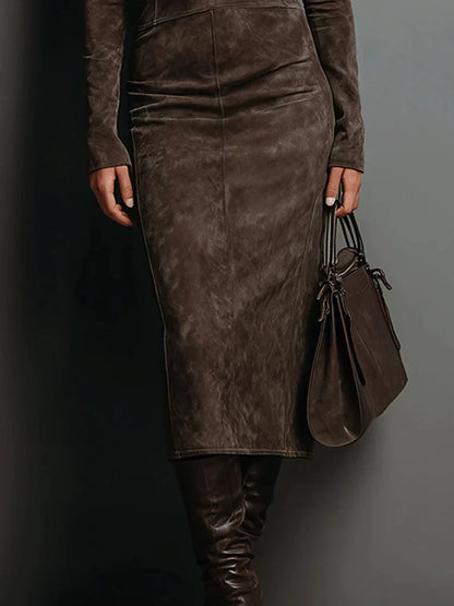 Luxury Suede Long Sleeve Maxi Dress