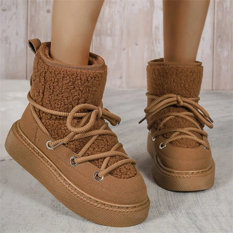 Warm Women's Fuzzy Winter Boots - Lace Up Design
