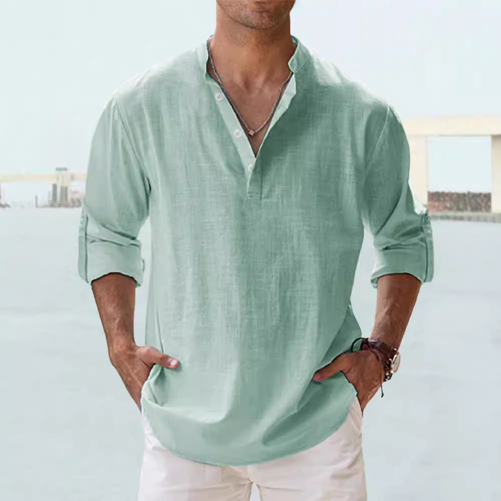 Men's Casual Cotton Long Sleeve T-Shirt with Stand-Up Collar