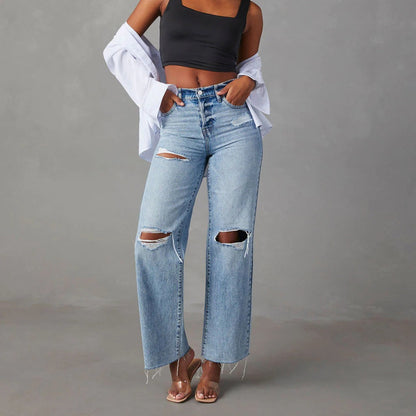 Women's Casual Blue Denim Straight Leg Ripped Jeans with Raw Hem