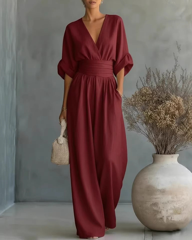 Women's Casual V-Neck Wide Leg Cotton Jumpsuit