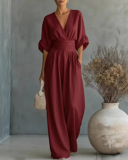 Women's Casual V-Neck Wide Leg Cotton Jumpsuit